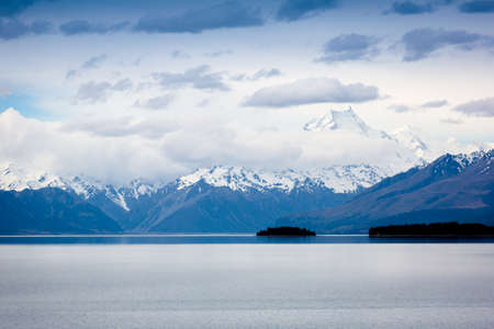 Majestic mountain landscape. Mount Cook and Pukaki lake, New Zealandの写真素材