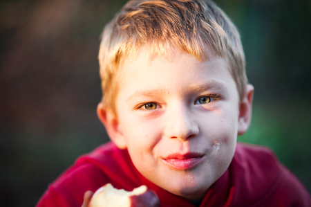 A cheerful boy with an apple rejoices, jumps and dances in summer in nature in the rays of the setting sun. A cheerful child in a red sweater and black pants. A boy eats an apple and grimacesの写真素材