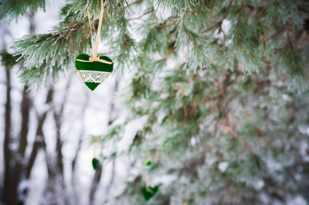 On the snow-covered branch of Christmas trees, Christmas decorations hang in the form of transparent balls, hearts of felt. A beautiful winter photo, a place for your text.の写真素材