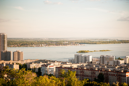 Saratov, Russia, view of the houses, the Volga River, the bridge to Engels. The landscape of the city from a height.の写真素材