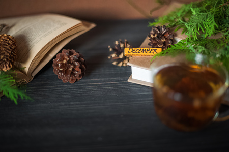 Winter concept. Tea in a transparent mug, unfolded book, yellow and red autumn leaves and spruce...