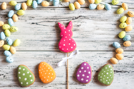 Gingerbread cookies on white background. Homemade gingerbread easter concept Easter cards free space