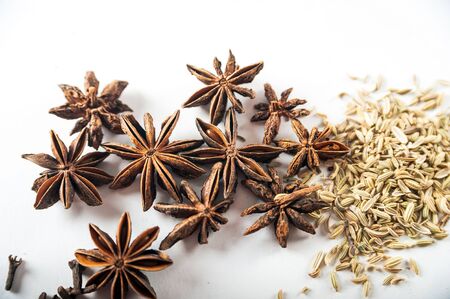 Seasonings are isolated on a white background. Star anise, fennel, cinnamon, cardamom on a white background close-up and copy space.の写真素材