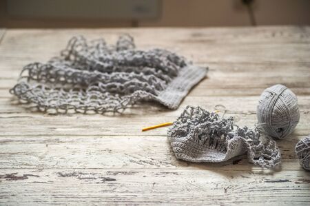 Knitted eco bag made of linen thread. Degradable. Environmental conservation concept. Handmade....