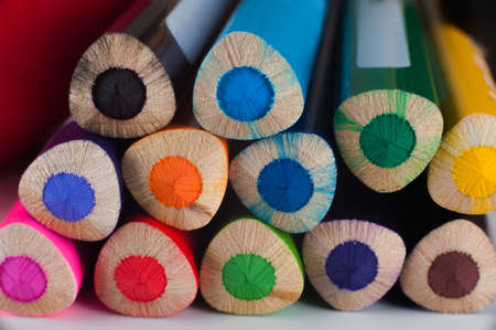 Pencils on a white background close-up and copy space. Multicolored pencils close-up.