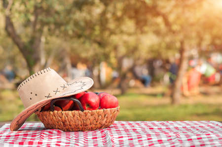 Basket with red apples on a wooden table against the background of autumn nature. Texture table with red tablecloth, apple harvest and hat close-up and copy space. The concept of autumn, harvest, healの写真素材
