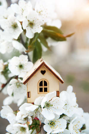 Toy wooden house and cherry flowers. Spring natural background and copy space. Blooming tree. Concept of mortgage, construction, rental, family and property.の写真素材