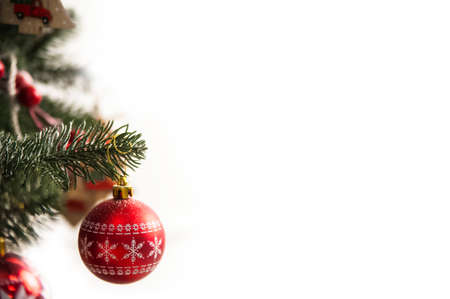 Christmas background with tree and balls, garland in defocus. New year card and copy space ...の写真素材