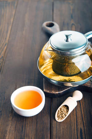 Superfood Taiwan Ku Qiao buckwheat tea in teapot and porcelain cups close-up and copy space.の写真素材
