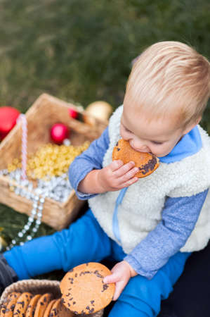 Cute toddler eating Christmas cookies with milk in decorated backyard close-up and copy space.の写真素材