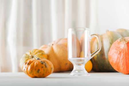 Empty cup on background of pumpkins. Pumpkin autumn warming drink close-up and copy space.の写真素材