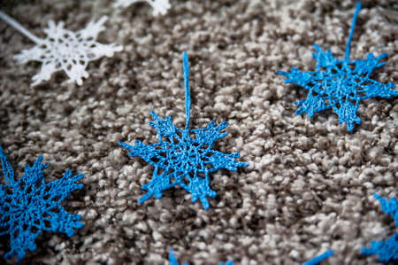 Eco friendly Christmas decor like crocheted snowflakes.の写真素材