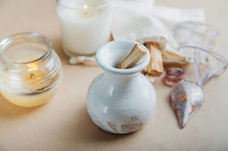 Palo Santo bars close-up and copy space. Ritual cleansing with sacred ibiocai, meditation,...