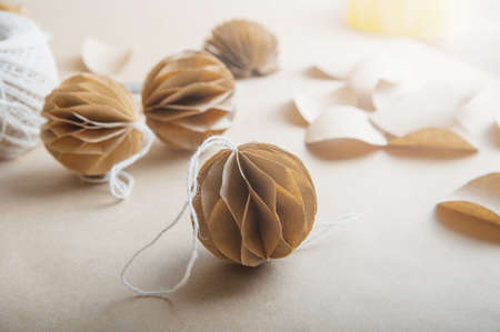 DIY Scandinavian Nordic Craft Paper Christmas Balls. Eco friendly New Year from handmade decor.の写真素材