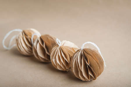 DIY Scandinavian Nordic Craft Paper Christmas Balls. Eco friendly New Year from handmade decor.の写真素材