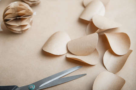 DIY Scandinavian Nordic Craft Paper Christmas Balls. Eco friendly New Year from handmade decor.の写真素材