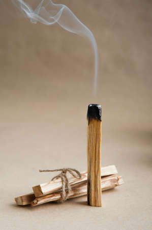 Palo Santo bars close-up and copy space. Ritual cleansing with sacred ibiocai, meditation,...