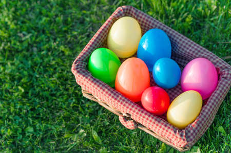 Plastic multi-colored Easter eggs close-up.の写真素材