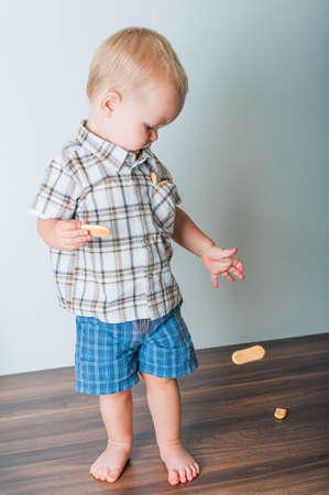Toddler boy in blue shorts and shirt eating cookies close-up and copy space.の写真素材