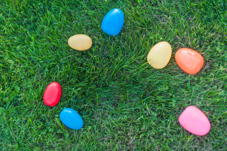 Plastic multi-colored Easter eggs close-up..の写真素材