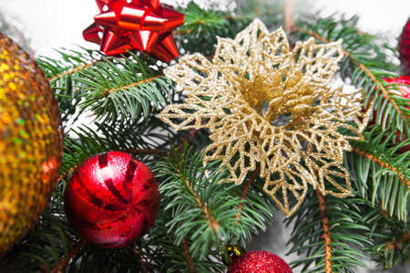 Decorating flowers on Christmas tree close-up and copy space..の写真素材