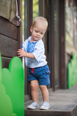 Toddler boy in Ukrainian vyshyvanka in summer.の写真素材