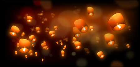 Flying Lanterns in the night sky のイラスト素材