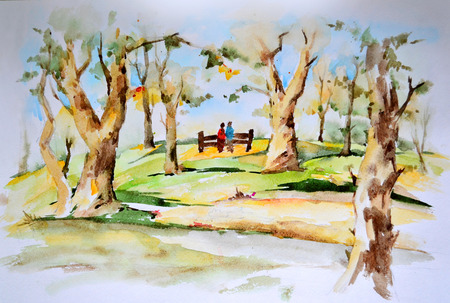 Watercolor drawing. Landscape with autumn parkの写真素材