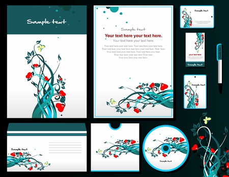 Corporate style with floral motive. 9 templates: blank, card, pen, cd, note-paper, envelope, business card.のイラスト素材