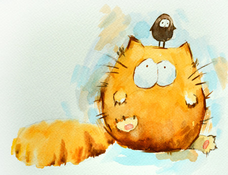 Funny red cat with bird. Watercolor painting.の写真素材