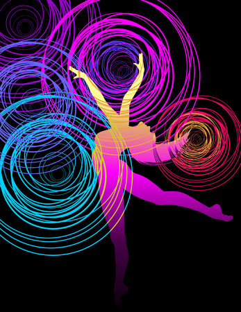 Beautiful dancing girl in bright multicolored circles.のイラスト素材
