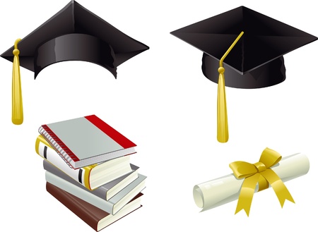 Graduation.	Isolated Mortar Boards, books and Diplomaのイラスト素材
