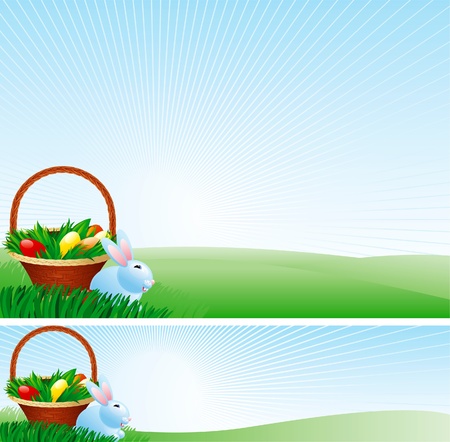 Easter basket with easter eggs and easter bunny on  green background. のイラスト素材