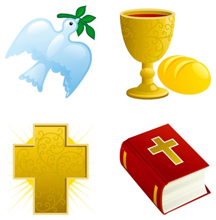 Icon set of Dove with olive branch, Religious cross, Bread,  gold Chalice with Wine and  Bible.のイラスト素材
