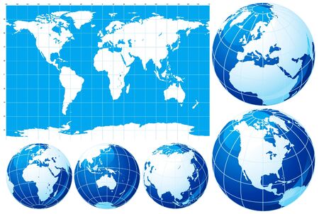 Set of World map  and five kinds of globeのイラスト素材