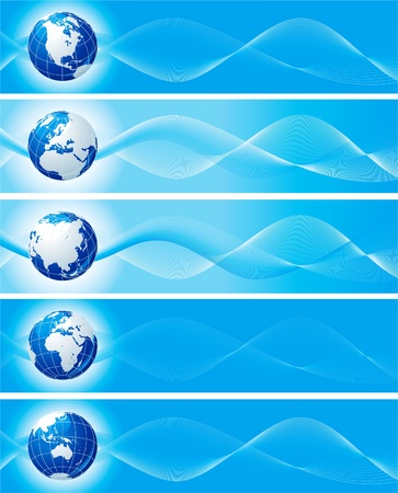 Set of blue banners with globe. Vector abstract  backgrounds with  six view of globes for internet bannersのイラスト素材