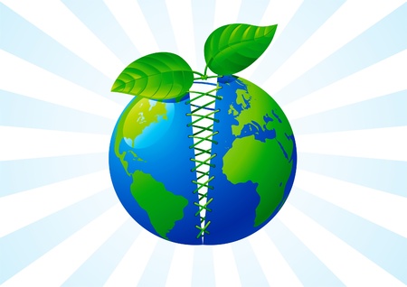 Green care of the world. Green leaves and globe like symbol of ecology and protection of an environment.のイラスト素材