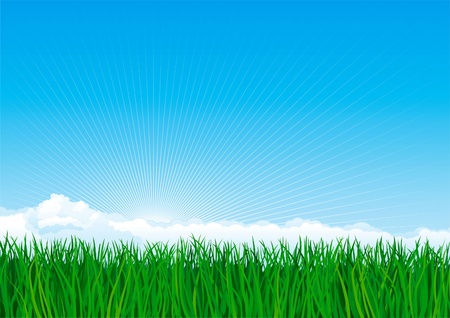 Green grass. Vector background of spring landscape of green grass on blue sky with sunbeames and clouds.のイラスト素材