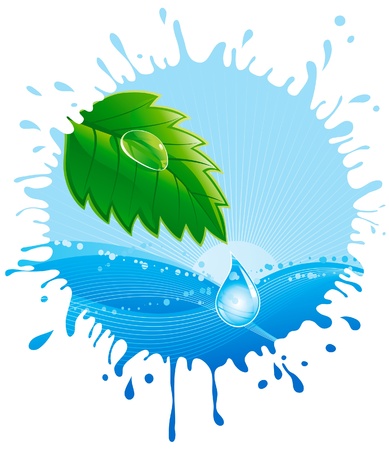 Environment. Green herb leaf with dew and drop of water on abstract backgroundのイラスト素材