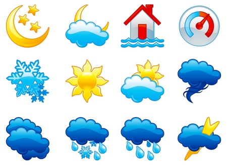 Set weather icons. Gglossy icons of  thunder, thunder-storm, cloudy, rain, snow, tornado, flooding, sun, cloudyのイラスト素材
