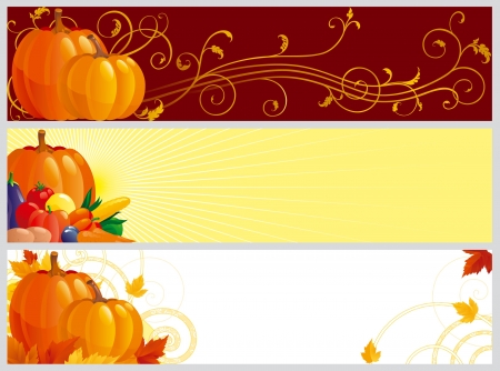 Autumn banners. Three color banners with pumpkins, vegetables and leaves on abstract background for web designのイラスト素材