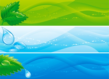 set of colorful banners with leaves and drops of waterのイラスト素材
