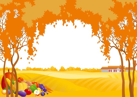 Thanksgiving background. Many fruits and vegetables on Autumn landscape with yellow meadows and frame of orange trees.のイラスト素材