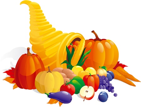 Horn of Plenty. Vector illustration of Cornucopia with fruit, berries  and vegetable. のイラスト素材