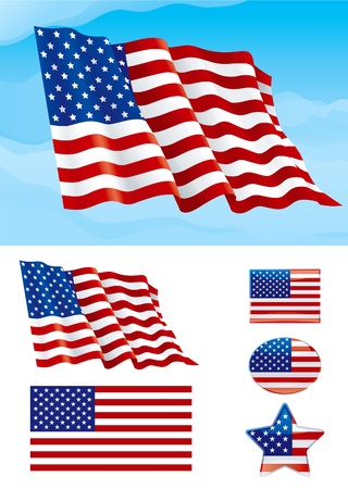 Set of American flag. Flag of USA on blue sky, Isolated on white background and icons with it - star, square and oval shapeのイラスト素材