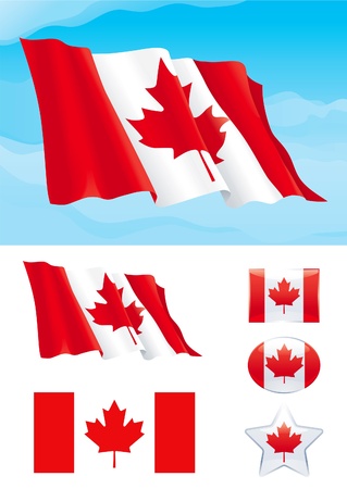 Set of Canadian flag. Flag of Canada on blue sky, Isolated on white background and icons with it - star, square and oval shapeのイラスト素材