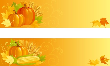 Autumn Harvest. Vector banners of vegetables and leaves  on yellow background.のイラスト素材
