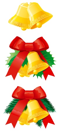 Set of christmas hand bells. Vector illustration of christmas door decoration with hand bells, fir and holly branchesのイラスト素材