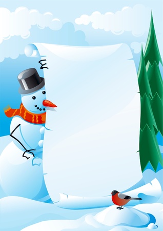 Snowman letter. Vector illustration of snowman and bullfinch with christmas blankのイラスト素材