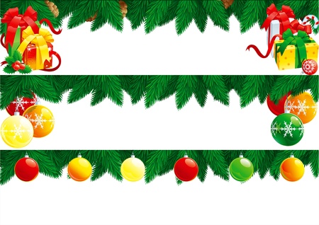 Christmas baubles. Vector banners with baubles, branches of fir tree and many gift boxes isolated  on white background for christmas. のイラスト素材